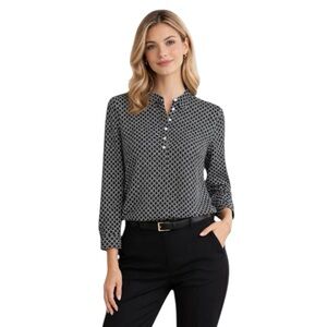 Talbots Black White Geometric‎ Popover Blouse 12P Non-Iron Long Sleeve Top